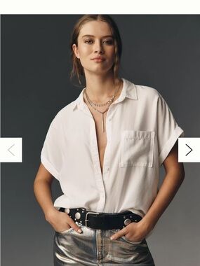 Cloth And Stone Anthropologie White Short-Sleeve Button-Down Breezy Blouse